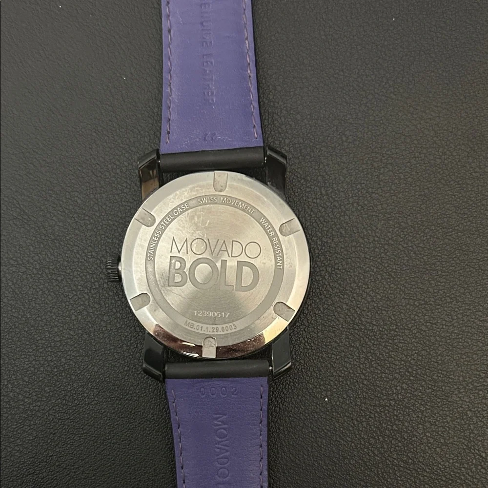 Movado Black Minimalist Dial Watch with Rainbow Crystal Accent